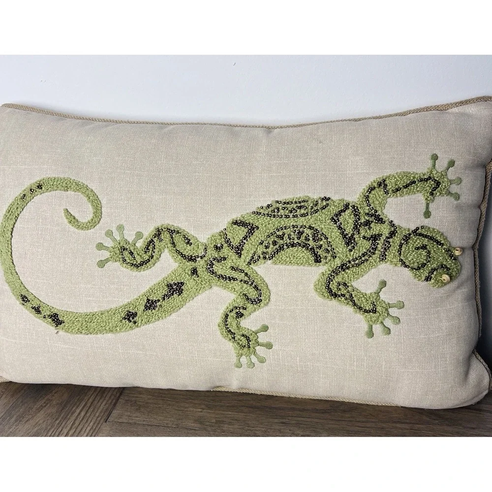 Pier 1 Imports Beaded Embroidered Lizard Gecko Lumbar Pillow 19x10 Boho Decor